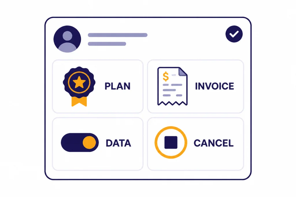 Settings panel with four tiles labeled PLAN, INVOICE, DATA, and CANCEL plus a check mark.