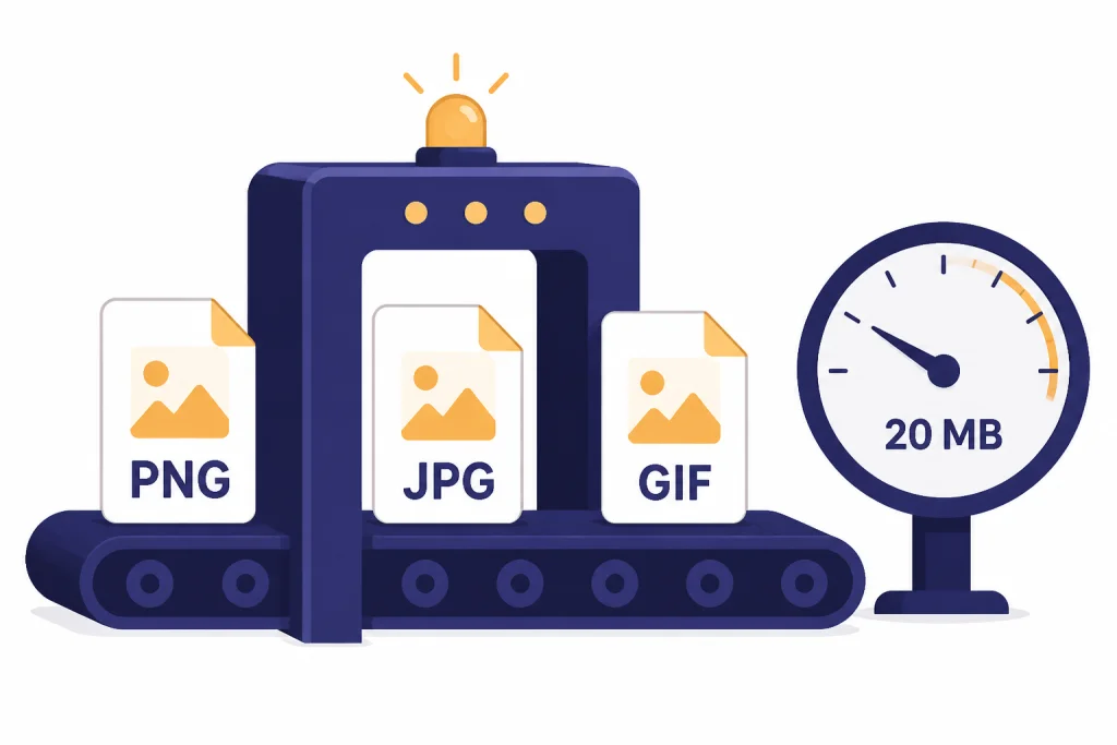 Photo File Limits File requirement gate with cards labeled PNG, JPG, GIF and a gauge labeled 20 MB.