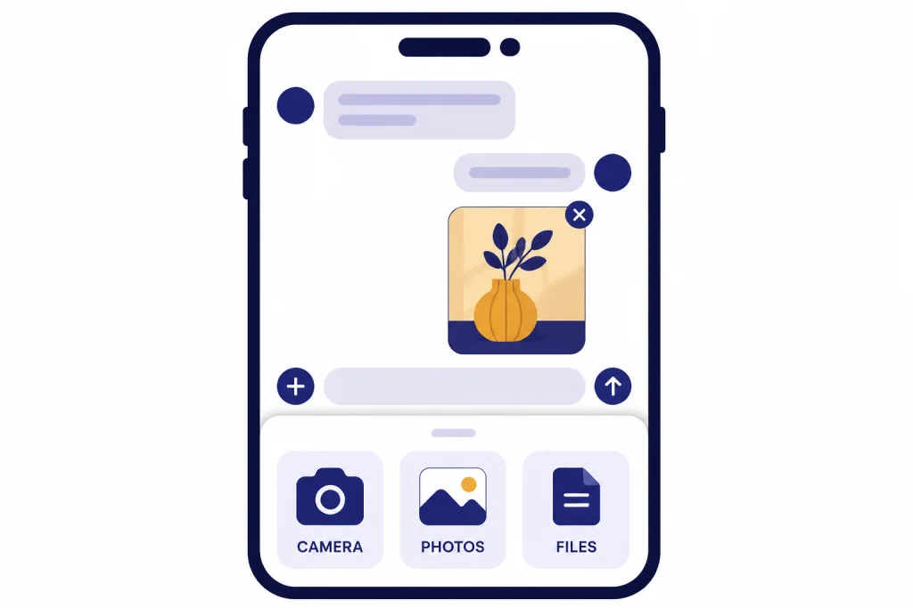 Mobile Photo Picker Phone attachment sheet with tiles labeled CAMERA, PHOTOS, and FILES plus a photo thumbnail above.