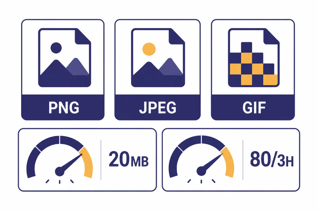 Image Format Limits Limits dashboard with tiles labeled PNG, JPEG, GIF and gauges labeled 20MB and 80/3H.