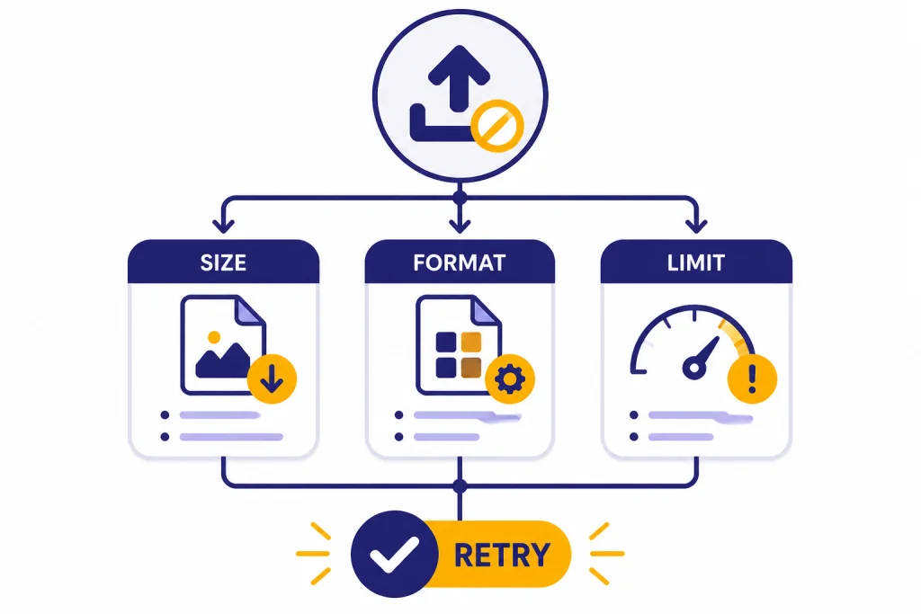 Upload Troubleshooting Flow Troubleshooting flow from blocked upload to cards labeled SIZE, FORMAT, LIMIT, then RETRY success badge.