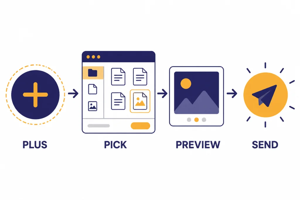 Four upload steps labeled PLUS, PICK, PREVIEW, and SEND with an image thumbnail before the send arrow.