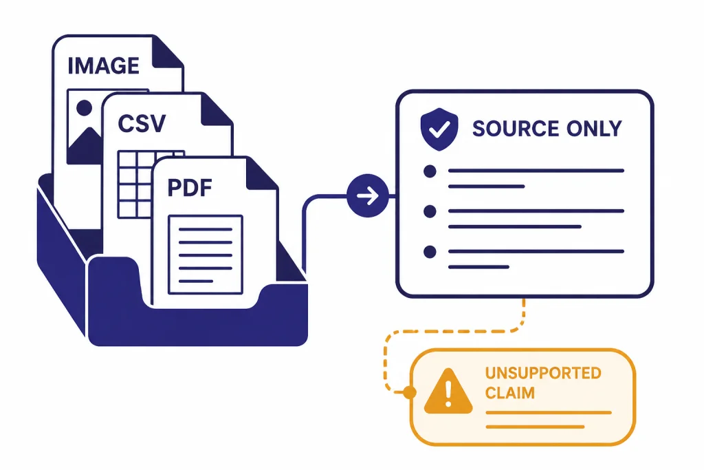 Source Material Boundary File tiles labeled PDF, CSV, and IMAGE feeding into an answer box labeled SOURCE ONLY with a warning bubble.