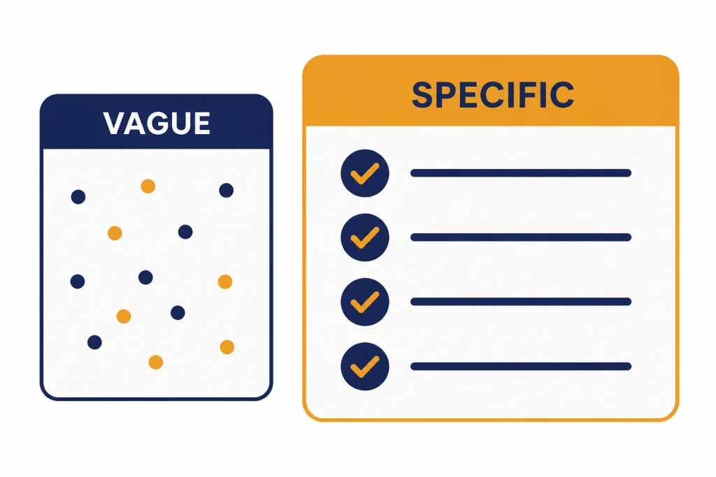 Two prompt cards labeled VAGUE and SPECIFIC, with the specific card organized into checked lines.