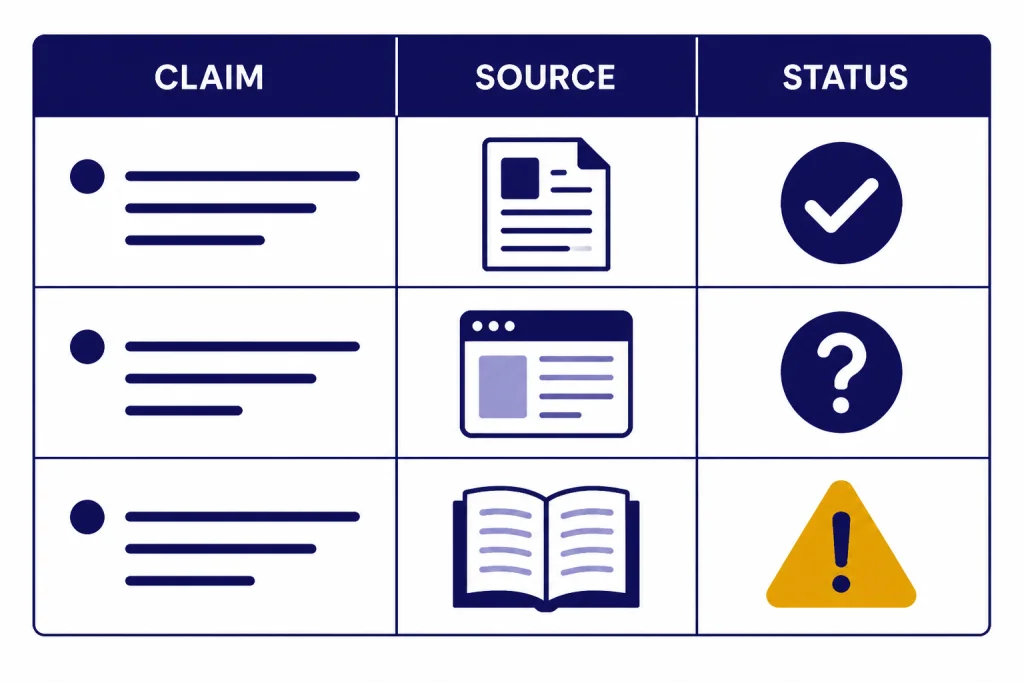 Answer Verification Table Verification table labeled CLAIM, SOURCE, STATUS with checkmark, question mark, and warning rows.