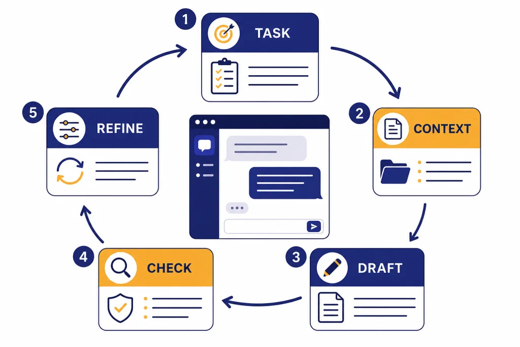 Beginner ChatGPT Workflow Five-step chat loop labeled TASK, CONTEXT, DRAFT, CHECK, and REFINE connected by arrows.