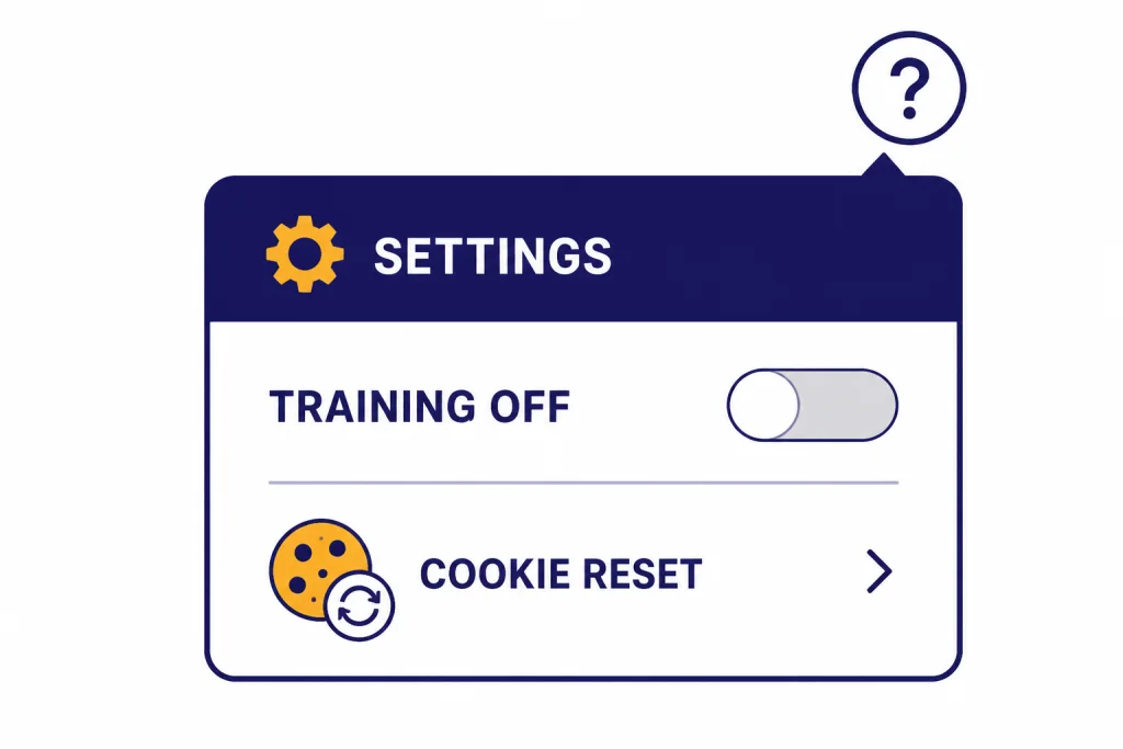 Settings popover labeled SETTINGS and TRAINING OFF with a COOKIE RESET icon beside the toggle.