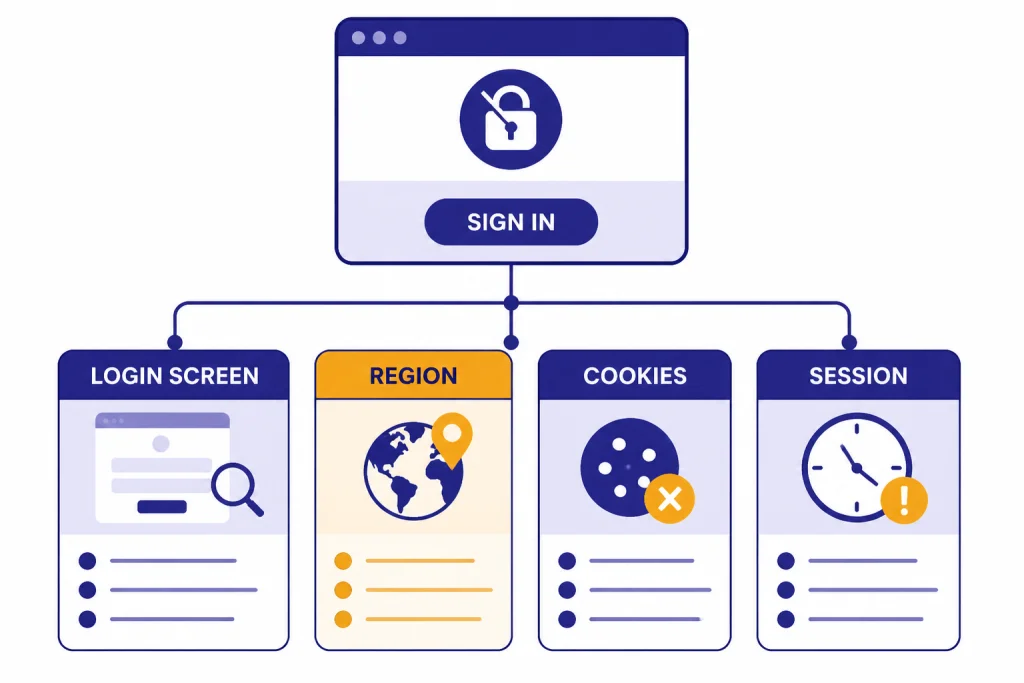 Decision tree labeled LOGIN SCREEN branching to REGION, COOKIES, SESSION, and SIGN IN cards.