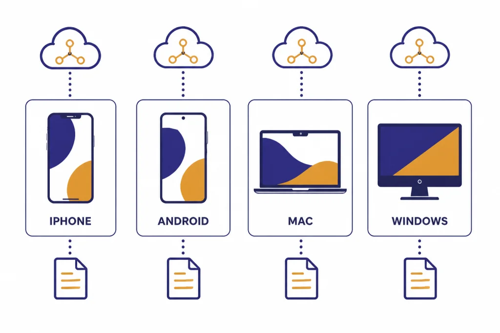 Four device cards labeled IPHONE, ANDROID, MAC, and WINDOWS with cloud icons above and local file icons below.