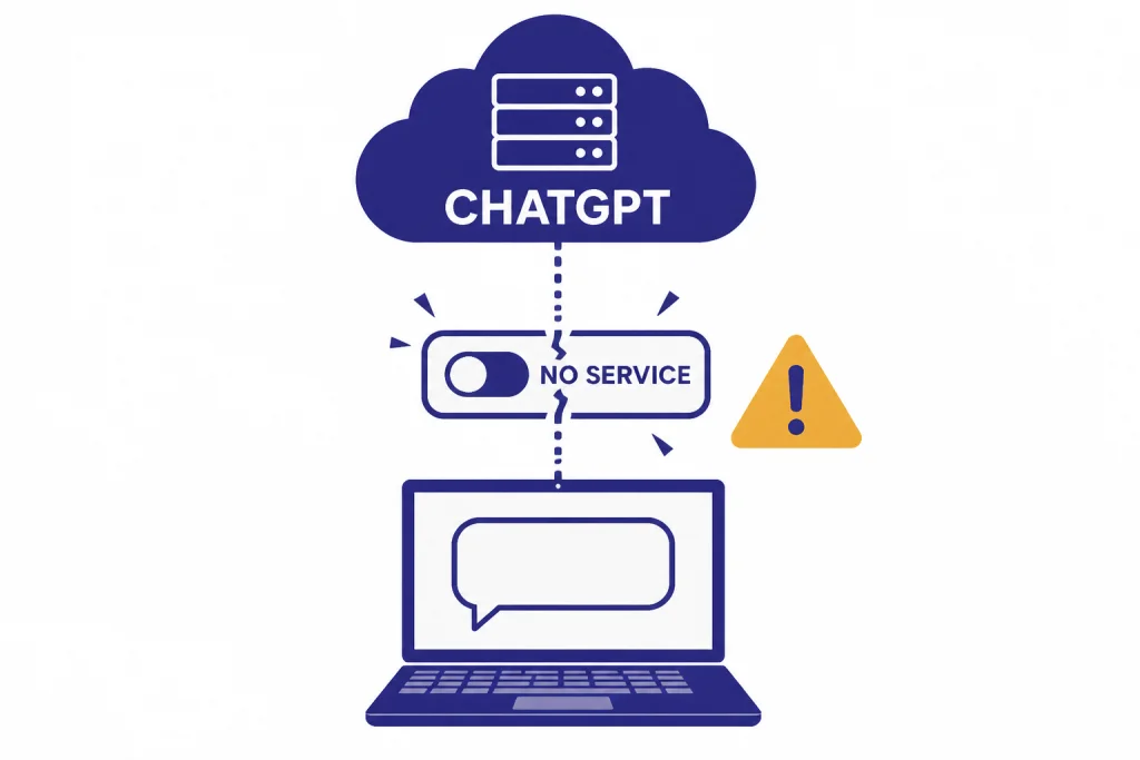 Decision diagram with cloud server labeled CHATGPT, broken switch labeled NO SERVICE, and empty laptop reply bubble.