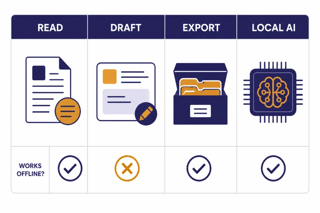 Four-column grid labeled READ, DRAFT, EXPORT, and LOCAL AI with check and X symbols for offline use.