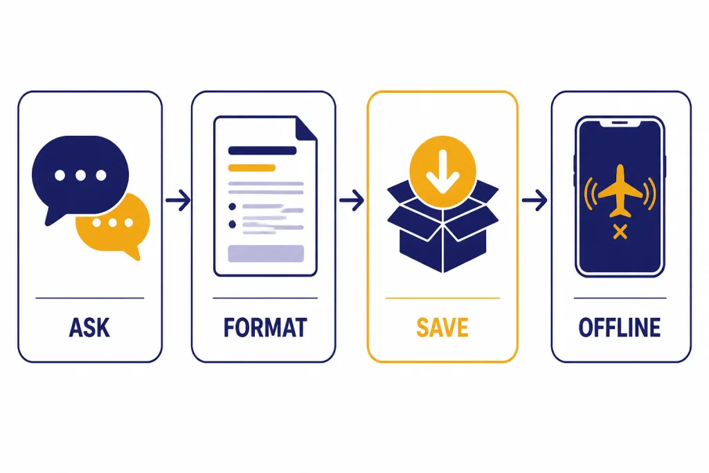 Prepare Before Offline Four-step workflow labeled ASK, FORMAT, SAVE, and OFFLINE, ending with an airplane mode phone.