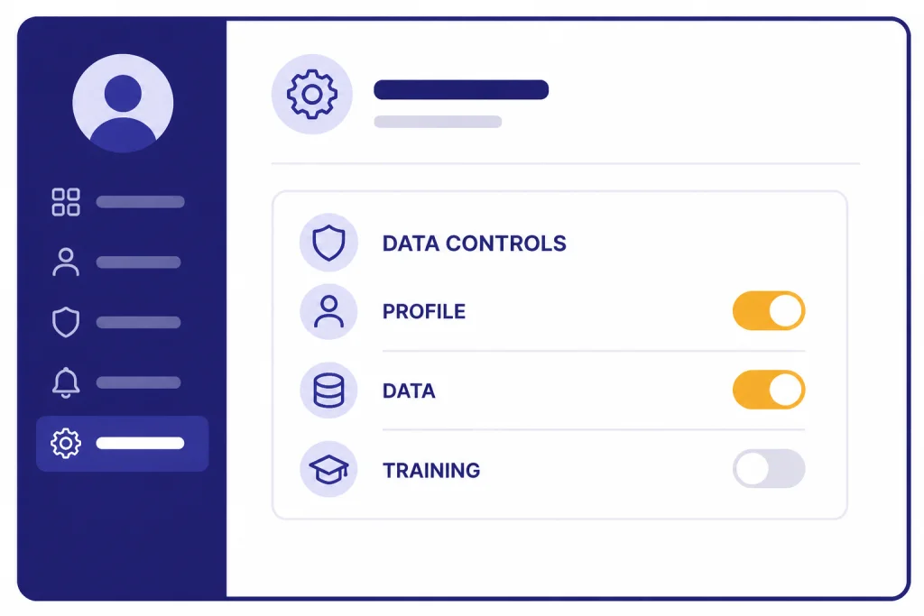 Settings diagram with PROFILE, DATA, and TRAINING rows, with TRAINING toggle shown off.
