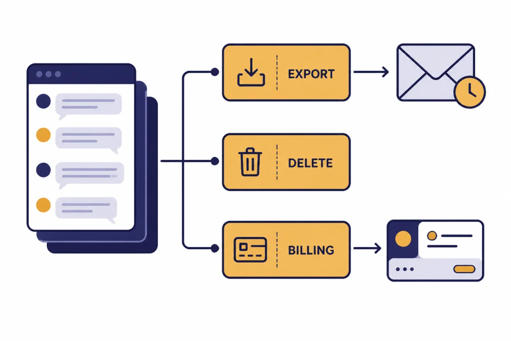 Chat history flowchart branching to EXPORT, DELETE, and BILLING, with export leading to email and clock.