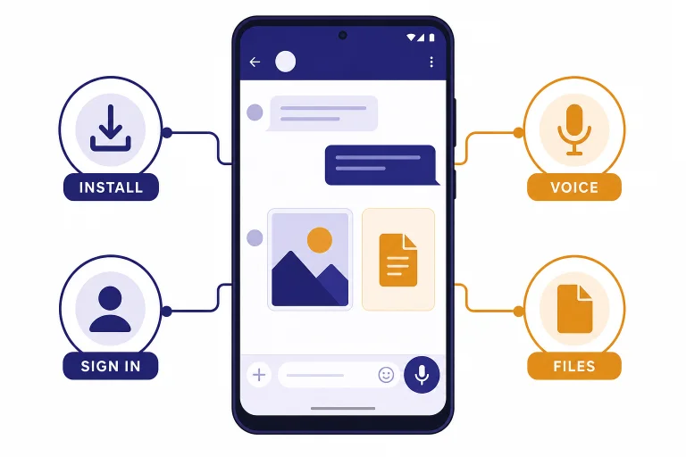 Android phone chat setup diagram with labels INSTALL, SIGN IN, VOICE, and FILES around the screen.