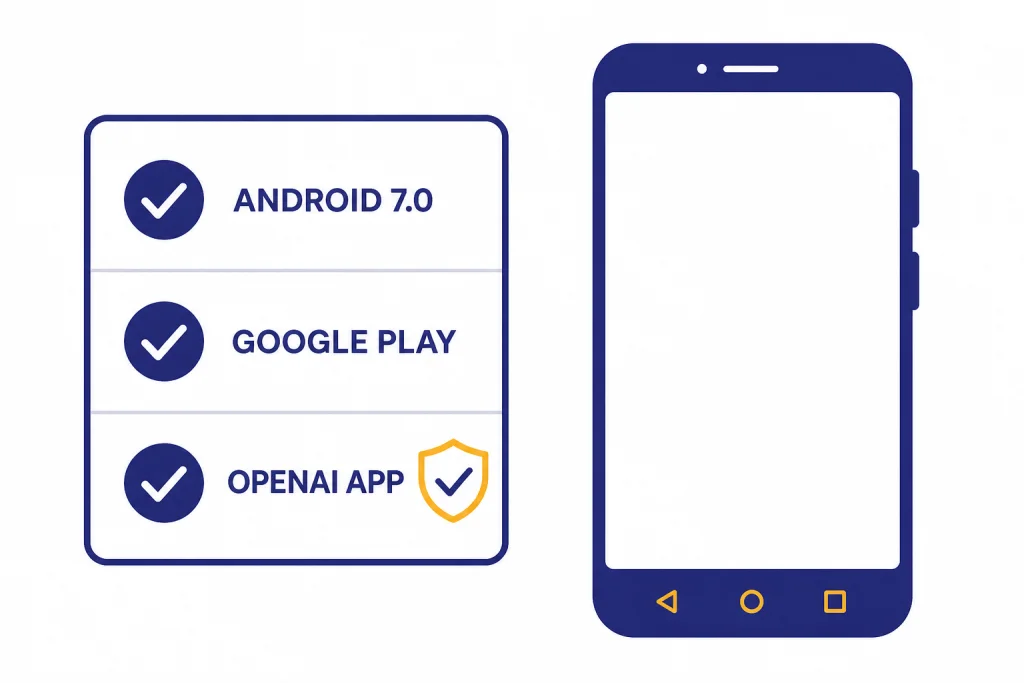 Android Requirements Checklist Compatibility checklist with ANDROID 7.0, GOOGLE PLAY, and OPENAI APP beside an Android phone.
