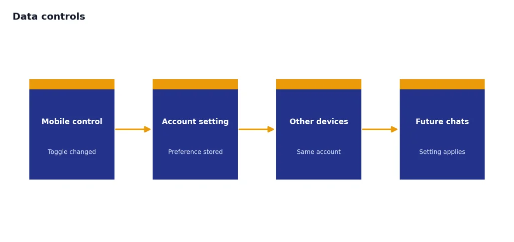 Process with 4 stages: Mobile control, Account setting, Other devices, Future chats.
