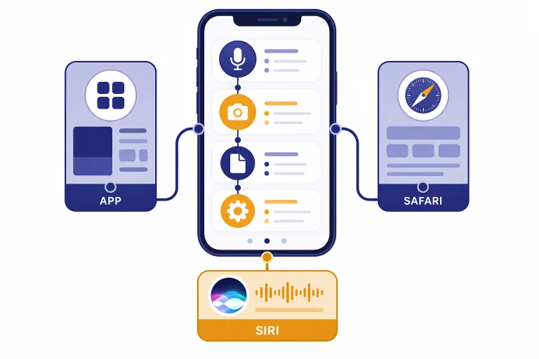 Smartphone workflow with three cards labeled APP, SAFARI, and SIRI plus mic, camera, file, and settings icons.