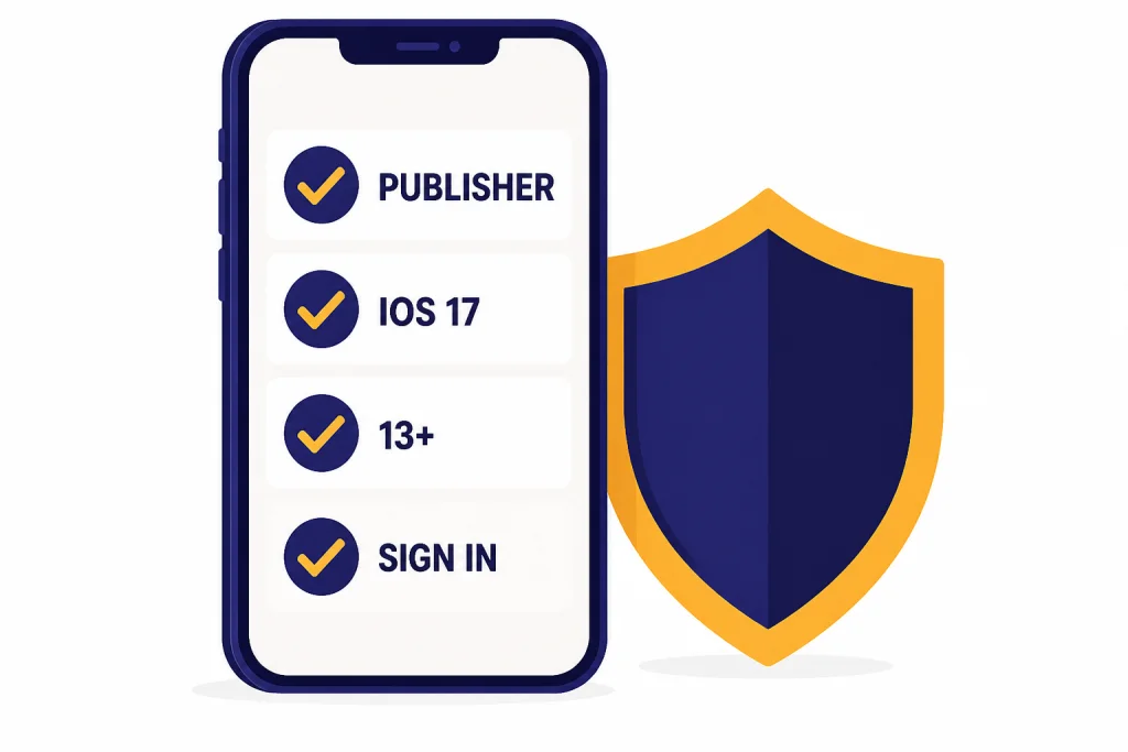 Phone install checklist with rows labeled PUBLISHER, IOS 17, 13+, and SIGN IN, each checked.