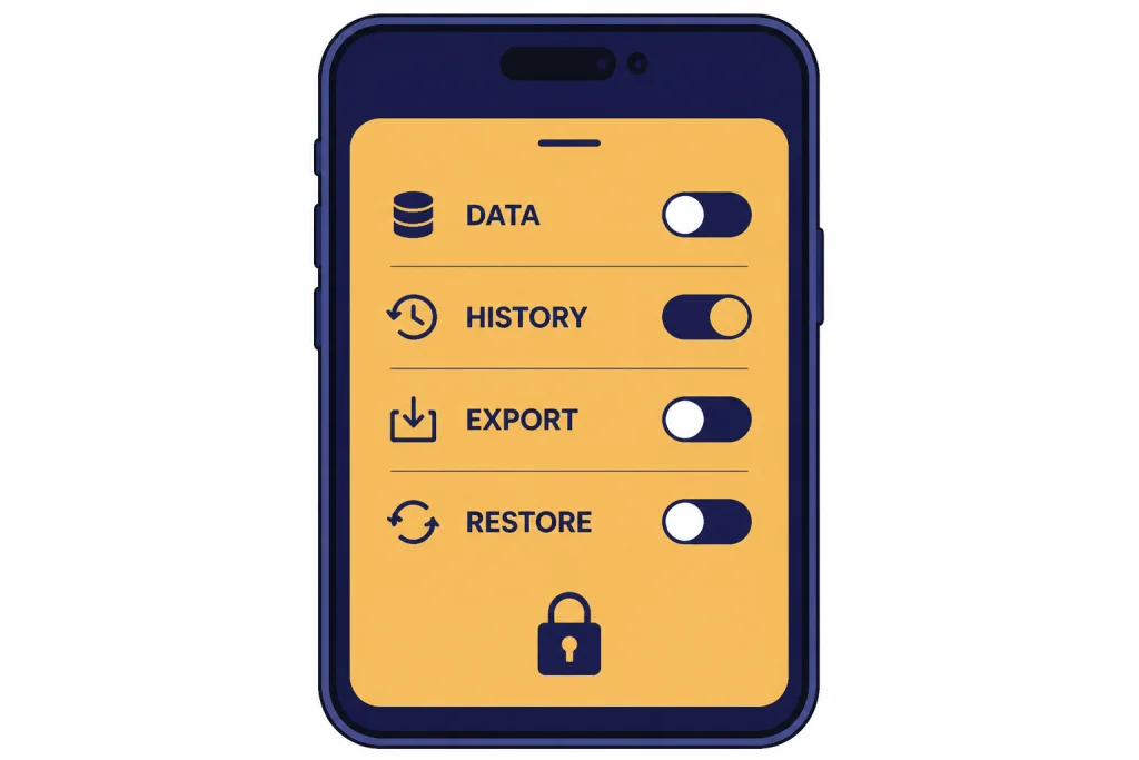 Privacy And Account Controls Phone settings drawer with toggles labeled DATA, HISTORY, EXPORT, and RESTORE plus a lock icon.