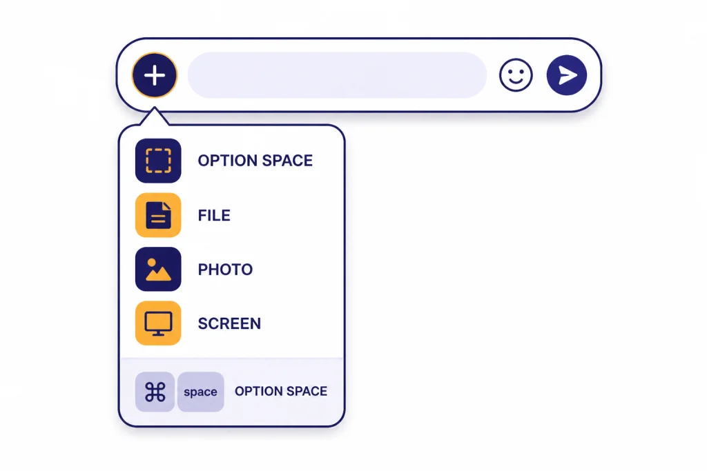Chat Bar Plus Menu Floating chat bar with plus menu tiles labeled OPTION SPACE, FILE, PHOTO, and SCREEN.