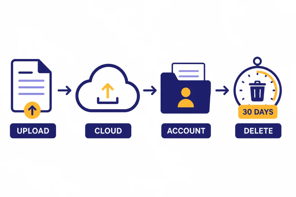 Data flow labeled UPLOAD, CLOUD, ACCOUNT, DELETE, and 30 DAYS from document to deletion timer.