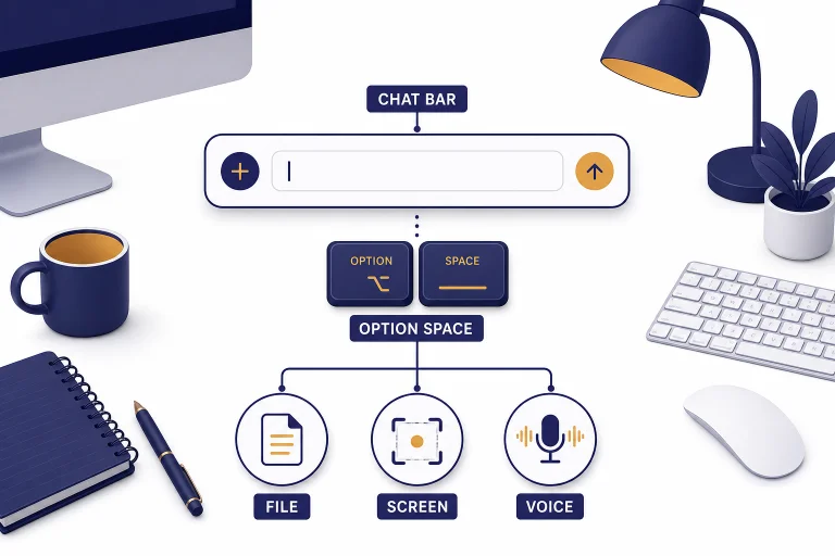Floating desktop chat bar labeled CHAT BAR with OPTION SPACE, FILE, SCREEN, and VOICE branches.