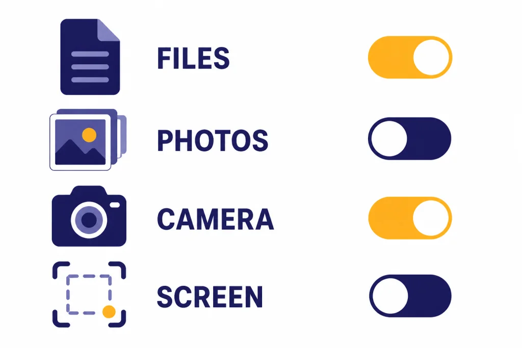 Permission matrix with rows labeled FILES, PHOTOS, CAMERA, and SCREEN beside matching input icons.