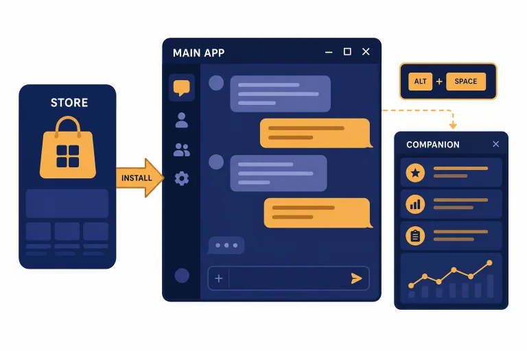 Workflow labeled STORE, INSTALL, MAIN APP, ALT+SPACE, and COMPANION for using ChatGPT on Windows.