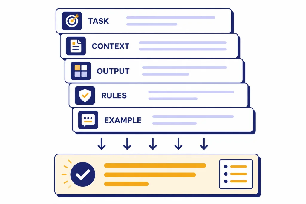 Five stacked prompt cards labeled TASK, CONTEXT, OUTPUT, RULES, and EXAMPLE.
