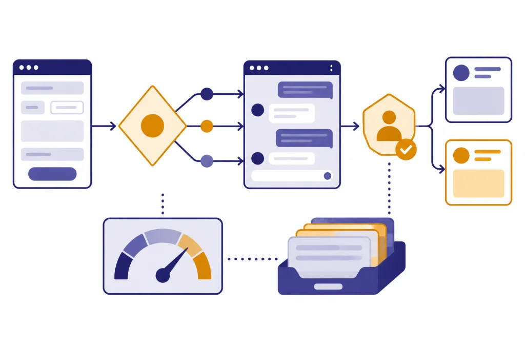 Automation flow from intake form to approval gate and two result cards with a cost meter.