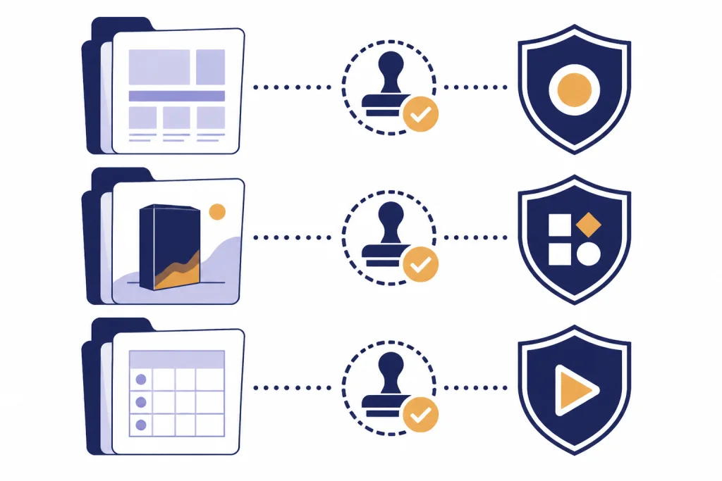 Three digital product files beside platform rule shields and review checkmarks.