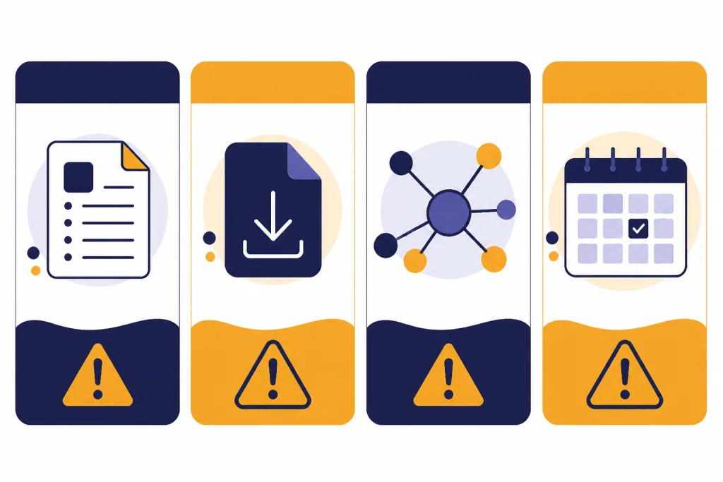 Four vertical cards with document, file, node, and calendar icons plus warning triangles.