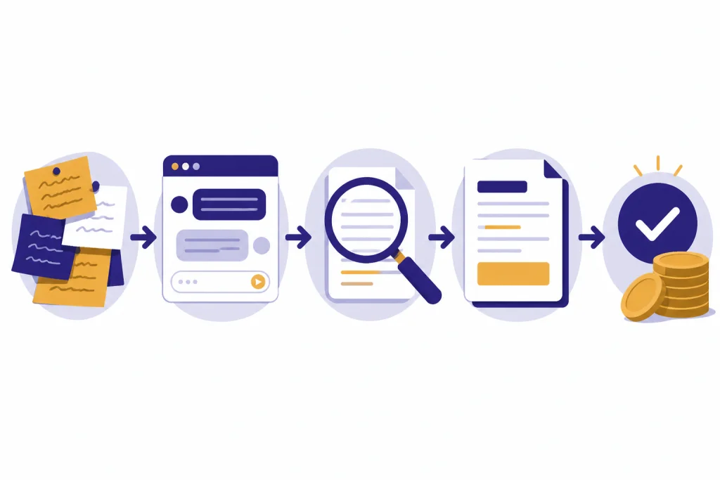 Five-stage freelance pipeline from client notes to reviewed document and payment coins.