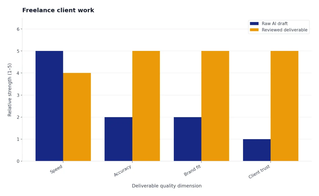 Grouped bars compare Raw AI draft and Reviewed deliverable across Speed, Accuracy, Brand fit, and Client trust.