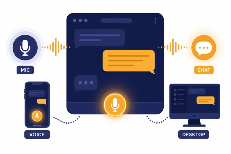 Chat interface with labeled VOICE, MIC, CHAT, and DESKTOP elements connected by sound waves.