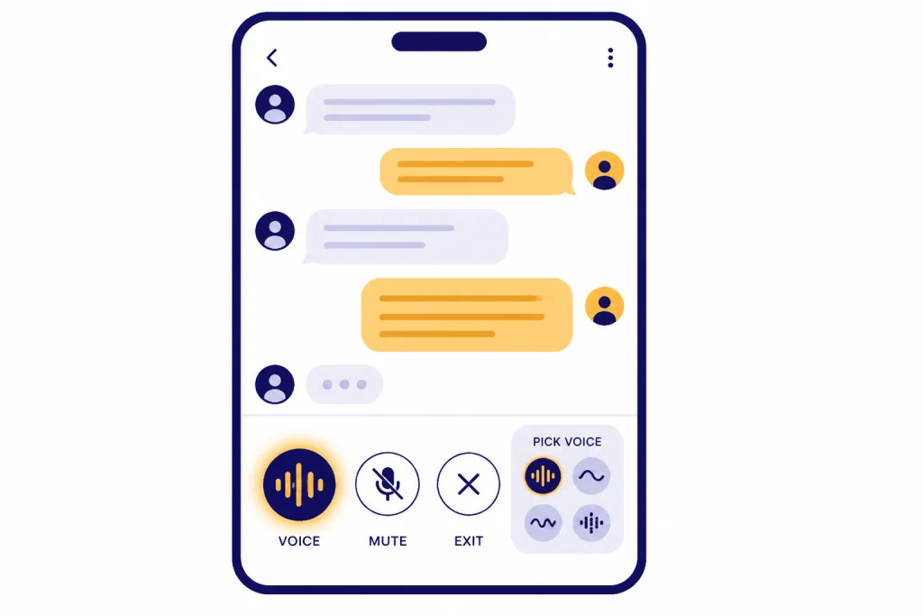 Mobile controls labeled VOICE, MUTE, EXIT, and PICK VOICE around a chat screen.