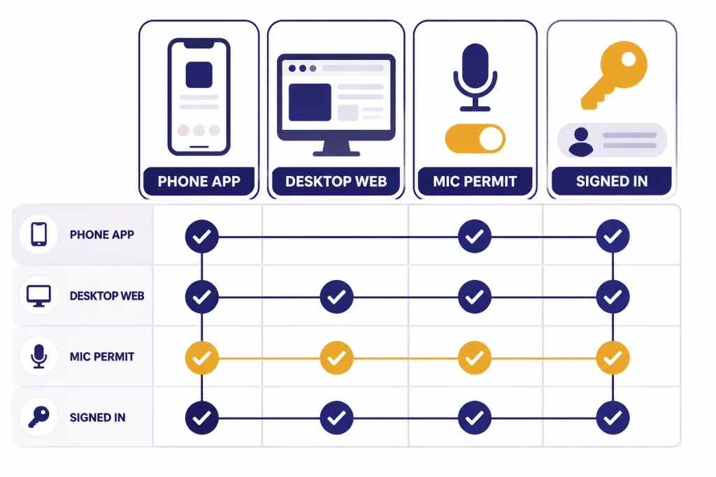 Voice Mode Requirements Matrix with PHONE APP, DESKTOP WEB, MIC PERMIT, and SIGNED IN cards connected by checkmarks.