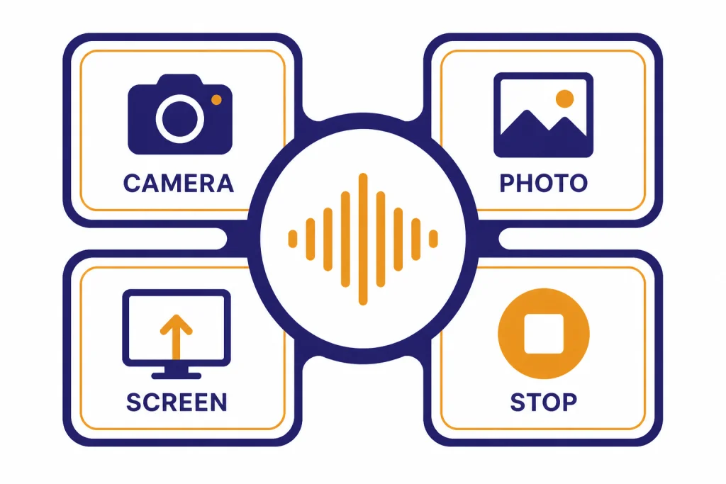 Voice control tray with CAMERA, PHOTO, SCREEN, and STOP tiles around a sound wave circle.