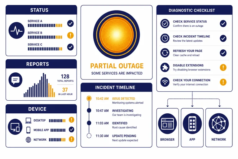 Status dashboard with panels labeled STATUS, REPORTS, and DEVICE plus a central status light.