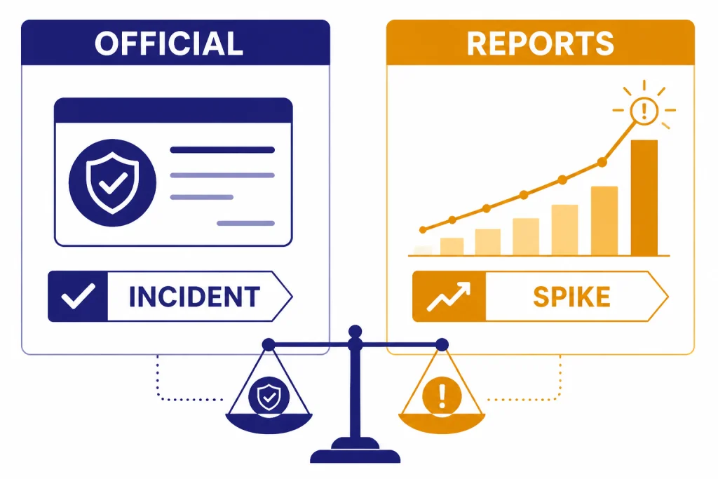 Status Signal Comparison Two-column comparison labeled OFFICIAL and REPORTS with INCIDENT card and SPIKE chart.