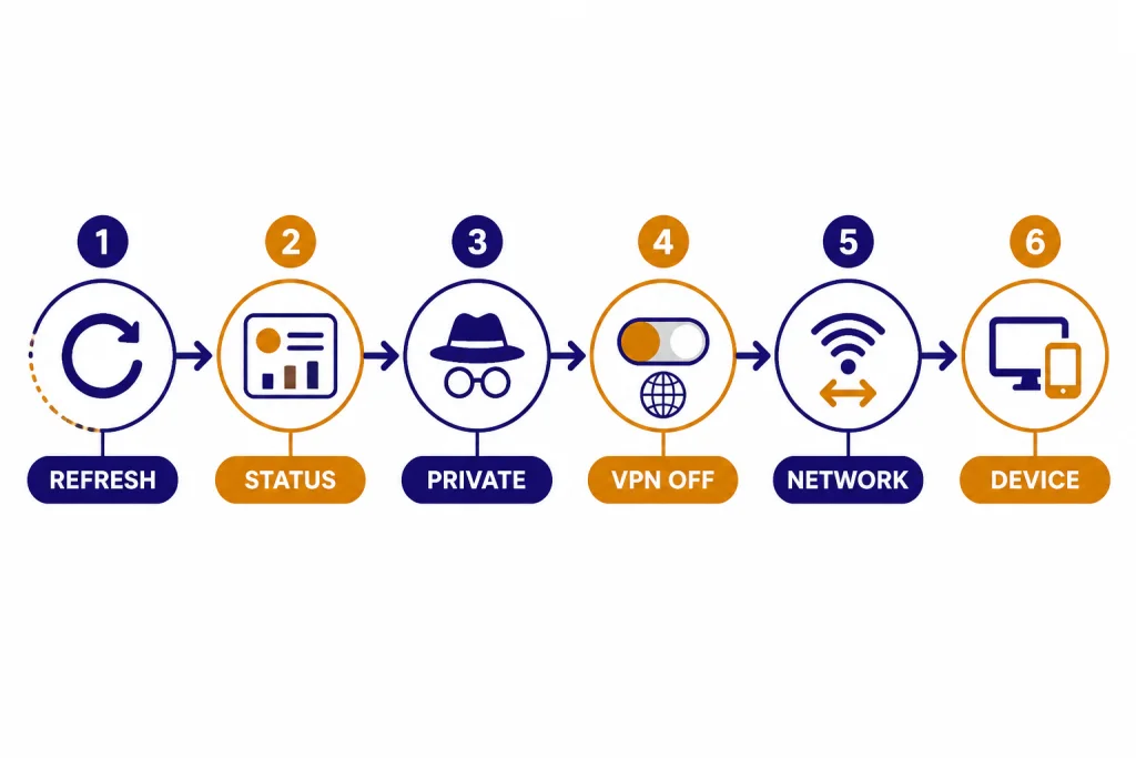 Troubleshooting timeline labeled REFRESH, STATUS, PRIVATE, VPN OFF, NETWORK, and DEVICE.