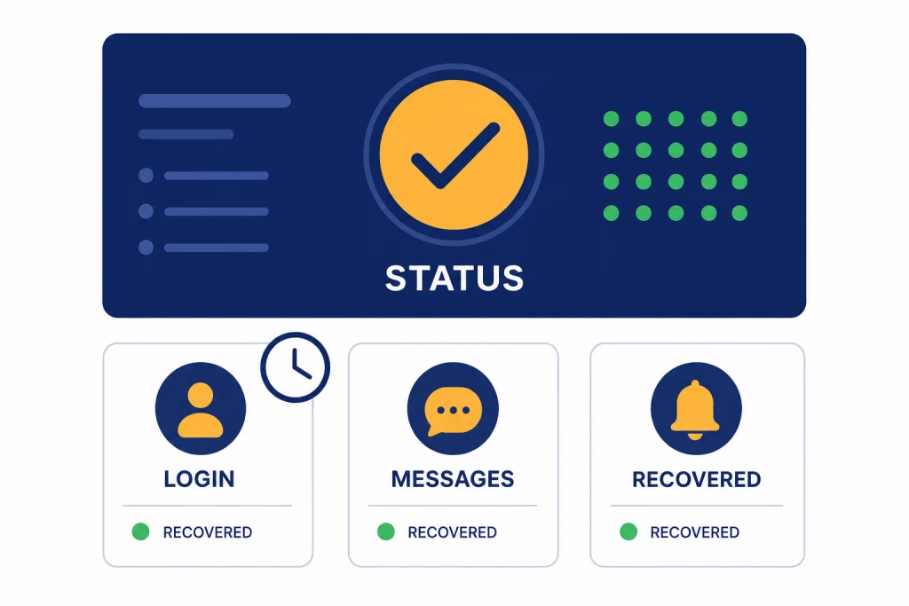 ChatGPT Status Dashboard Status dashboard with cards labeled STATUS, LOGIN, MESSAGES, and RECOVERED beside a clock icon.