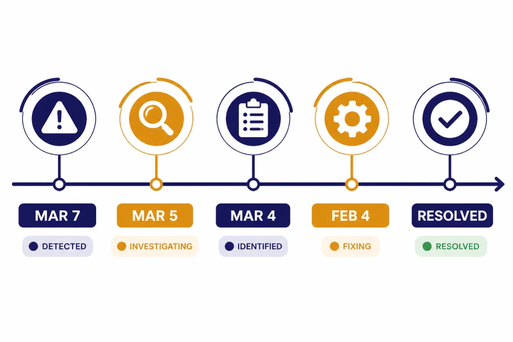 Recent Incident Timeline Incident timeline with nodes labeled MAR 7, MAR 5, MAR 4, FEB 4, and RESOLVED.