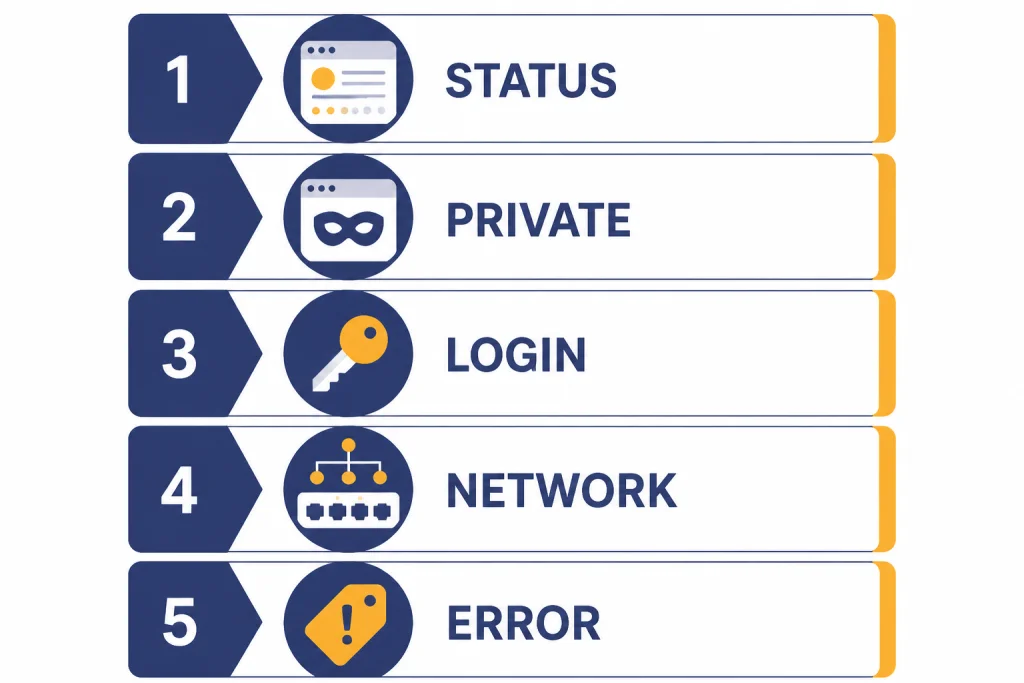 Five troubleshooting cards labeled STATUS, PRIVATE, LOGIN, NETWORK, and ERROR.