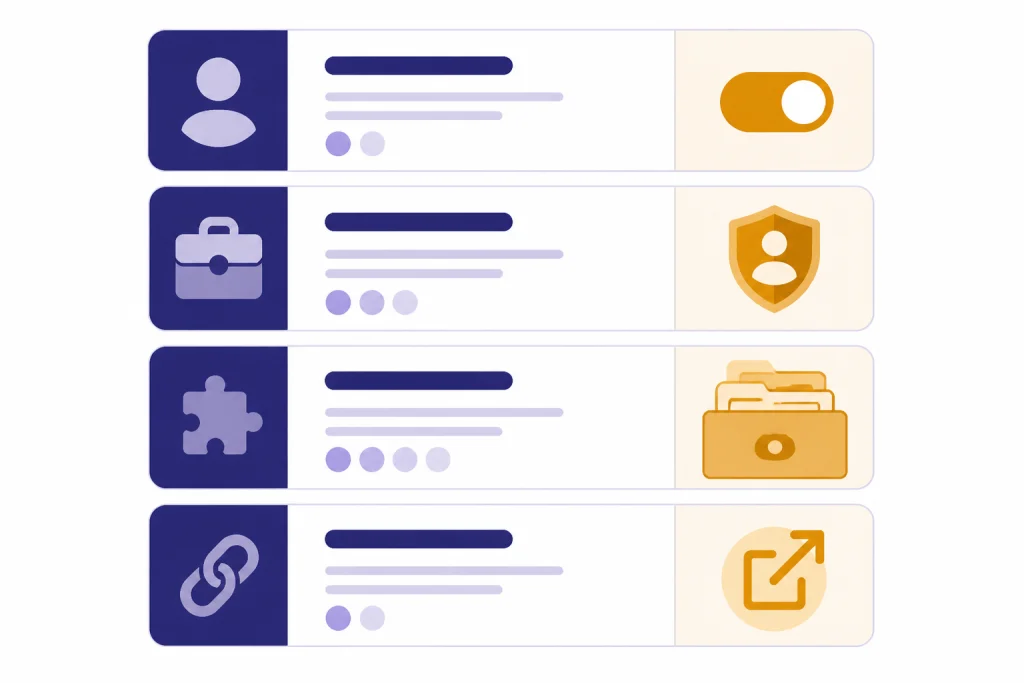 Privacy Setting Cards Four stacked account cards with toggle, admin shield, retention drawer, and shared-link arrow