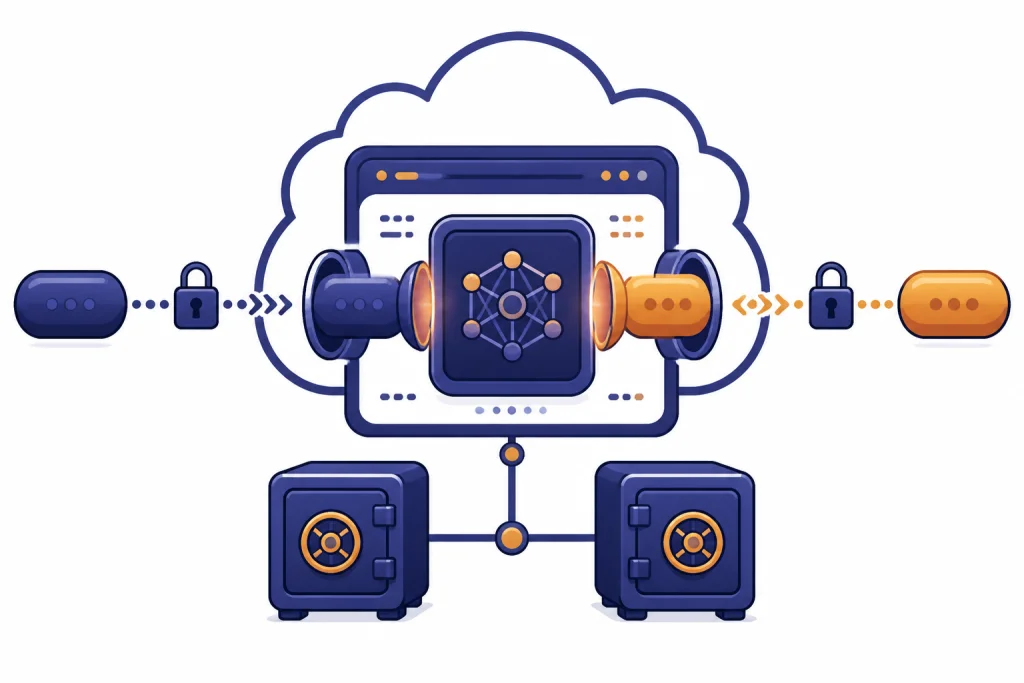 Server Processing Path Prompt capsule opens inside a central model processor between locked transit paths