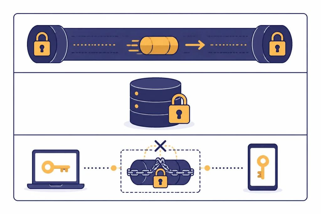 Encryption Protection Grid Three-row grid with locked transit packet, locked database, and endpoint key capsule
