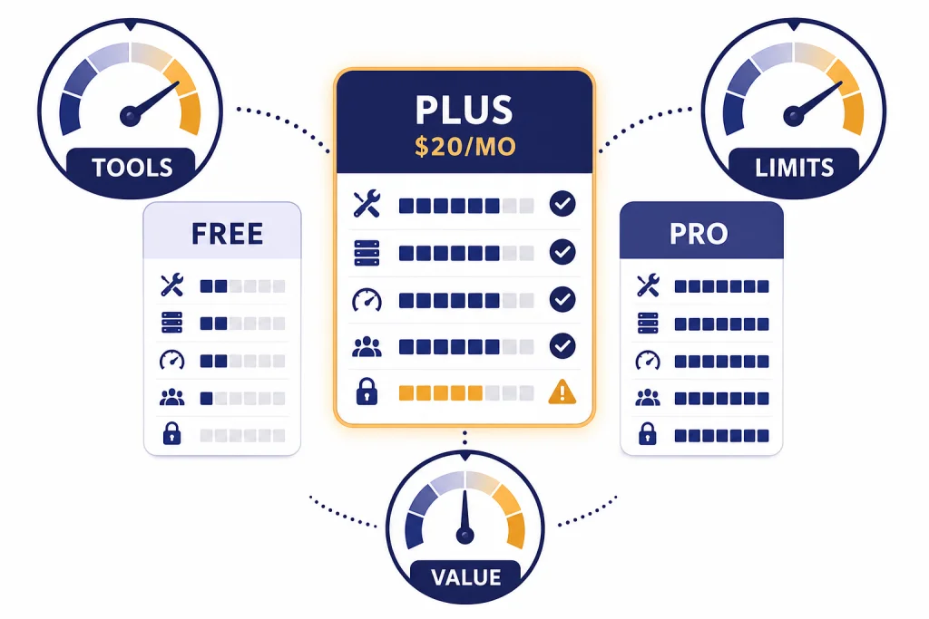 ChatGPT Plus Value Dashboard Decision dashboard with labels PLUS $20/MO, FREE, PRO, TOOLS, LIMITS, and VALUE around a highlighted Plus card.
