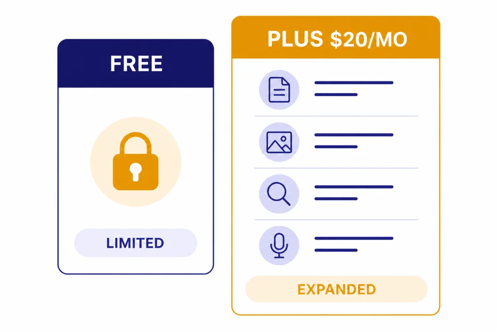 Two comparison cards labeled FREE and PLUS $20/MO, with LIMITED on Free and EXPANDED on Plus.